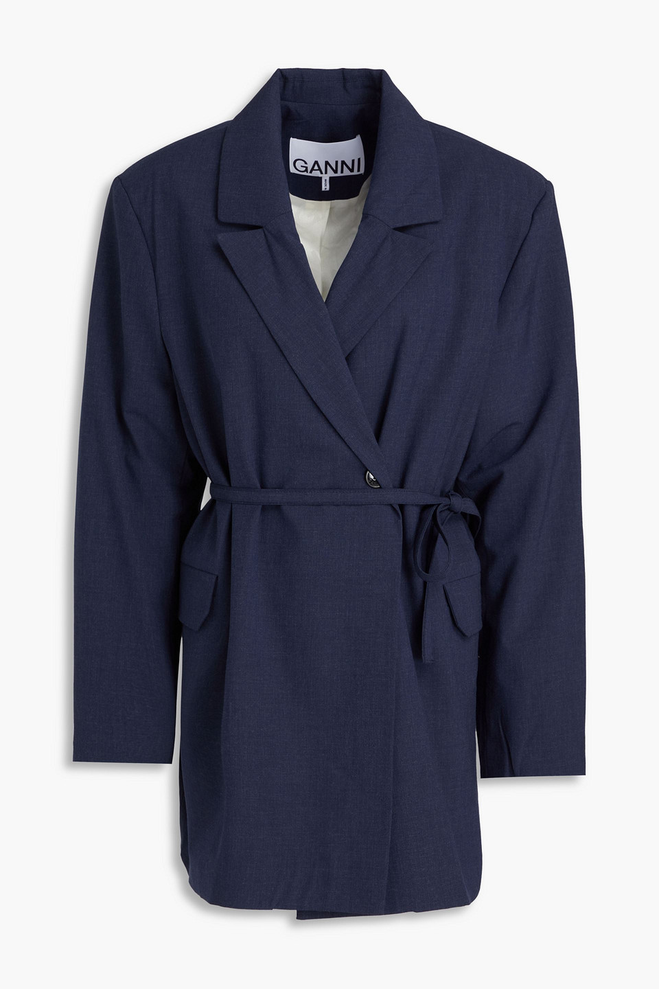 Ganni Belted Mélange Woven Blazer In Blue