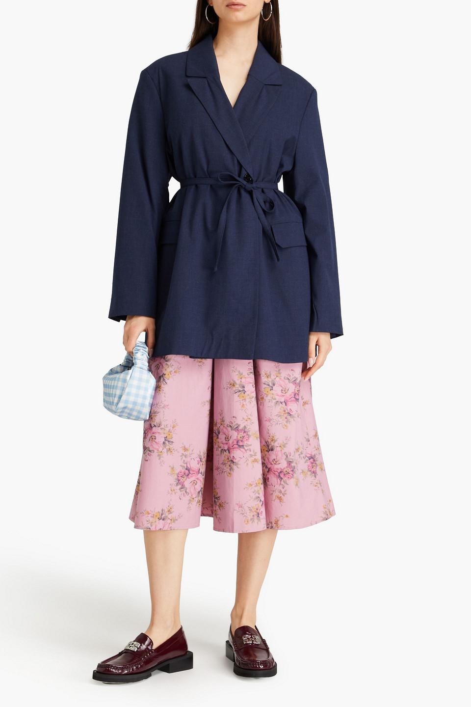 Ganni Belted Mélange Woven Blazer In Navy