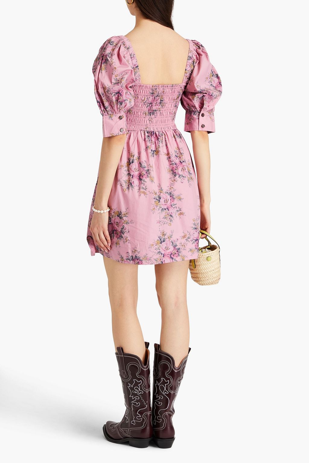 GANNI Shirred floral-print cotton mini dress