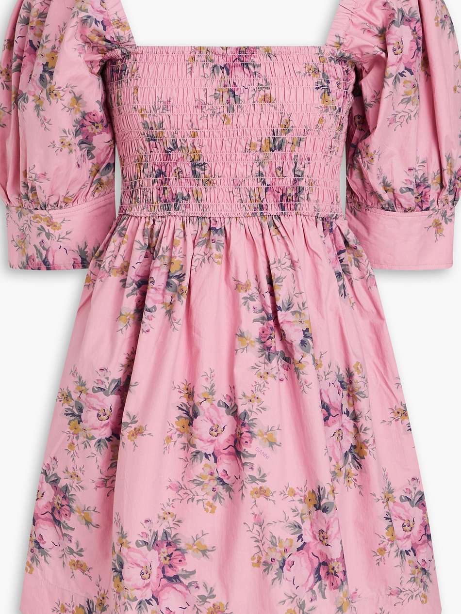 shirred floral-print cotton mini dress