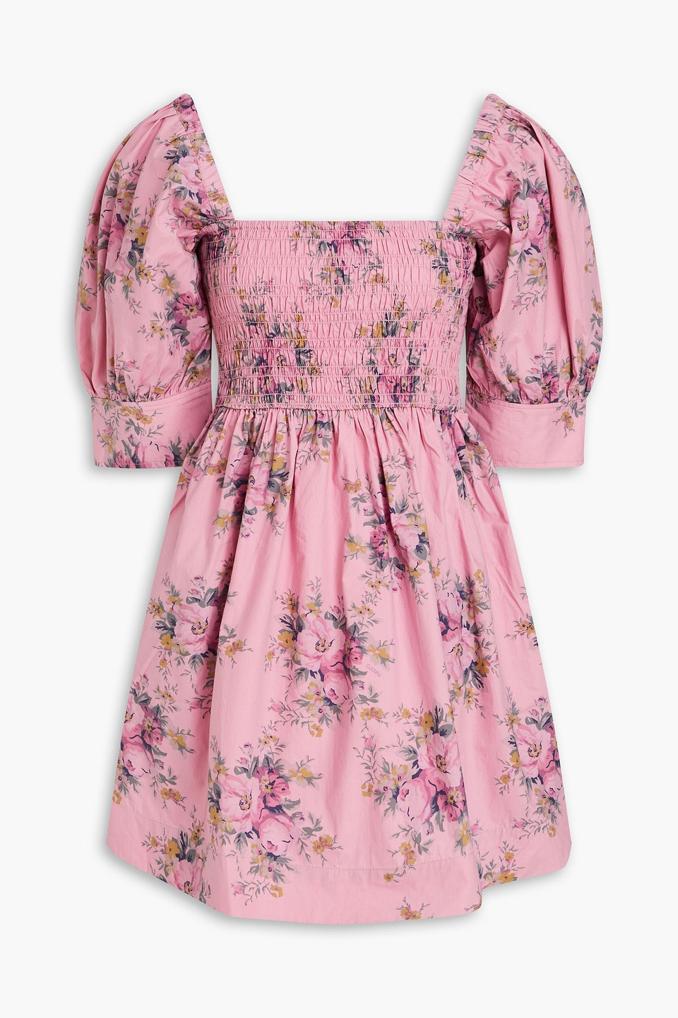 ganni - shirred floral-print cotton mini dress - pink - eu 34