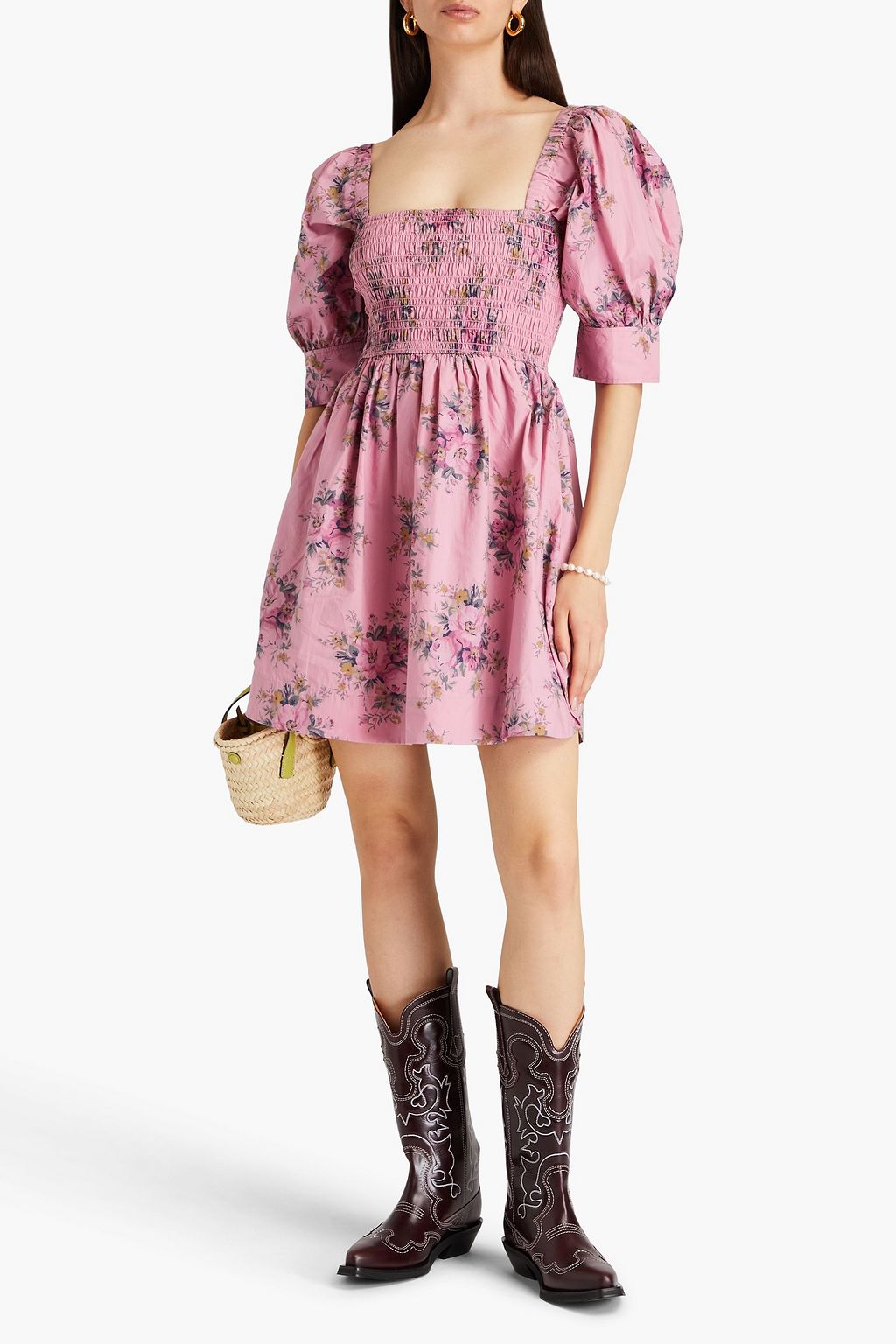 GANNI Shirred floral-print cotton mini dress