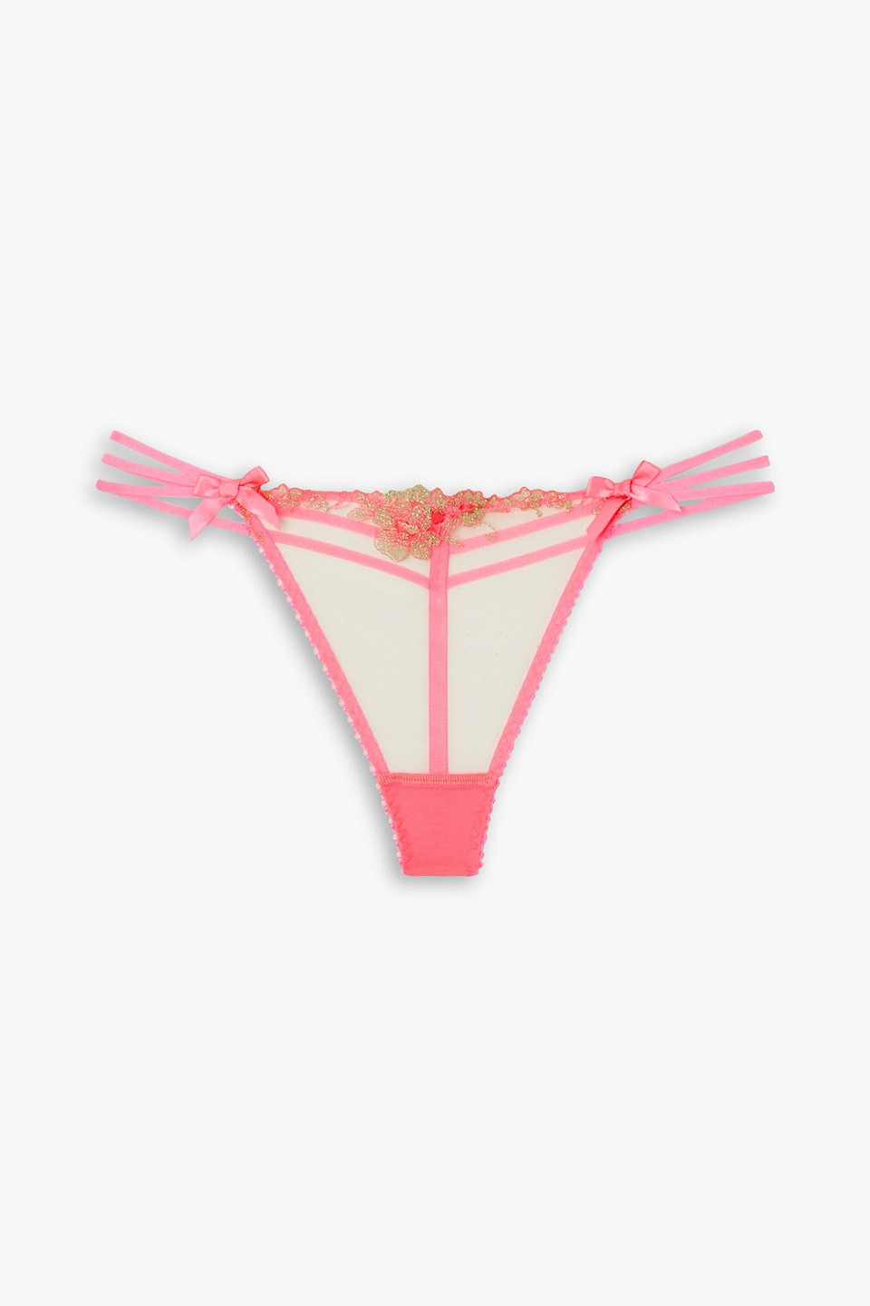 Tessy bow-embellished embroidered tulle thong