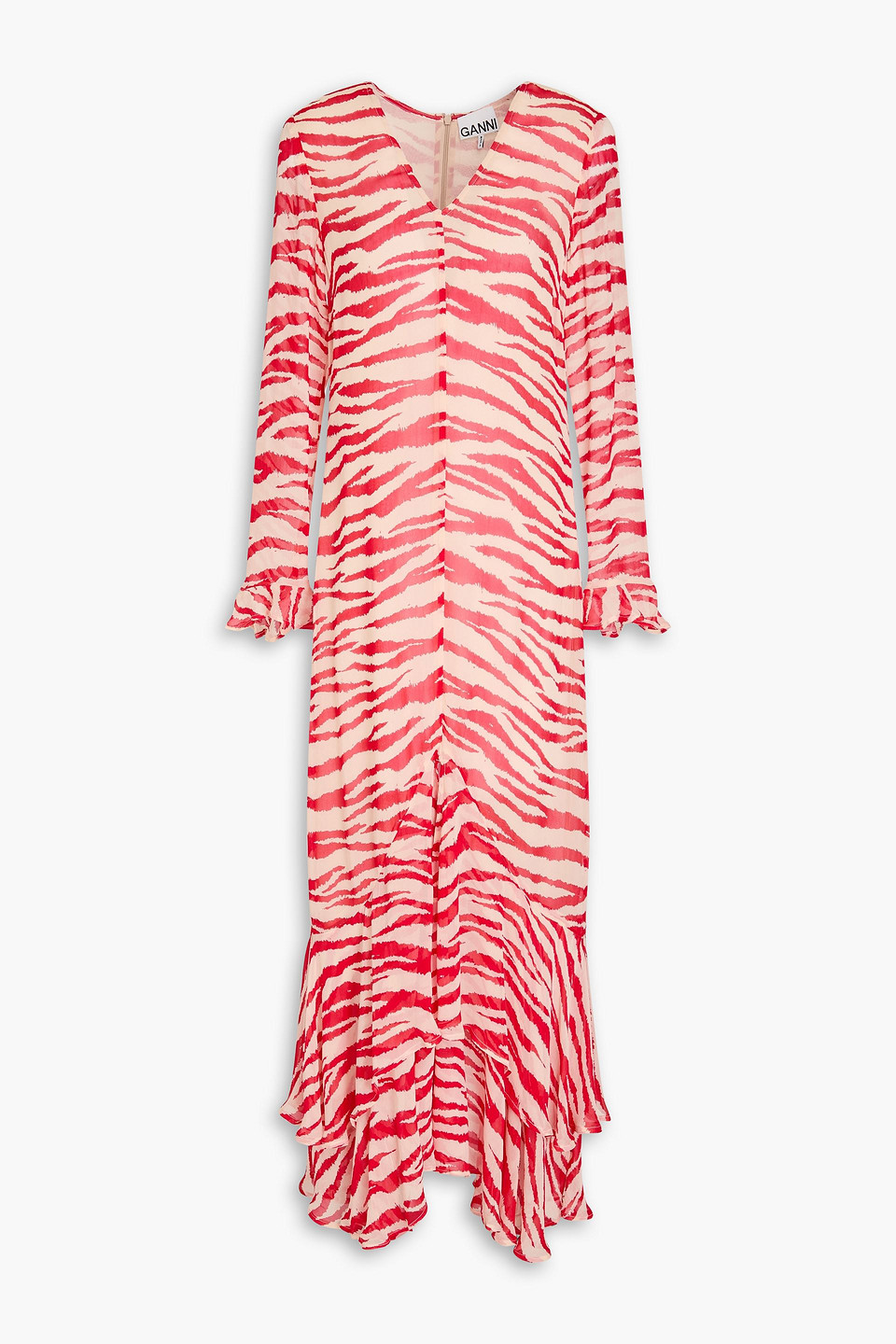 Ganni Ruffled Tiger-print Georgette Maxi Dress In Red