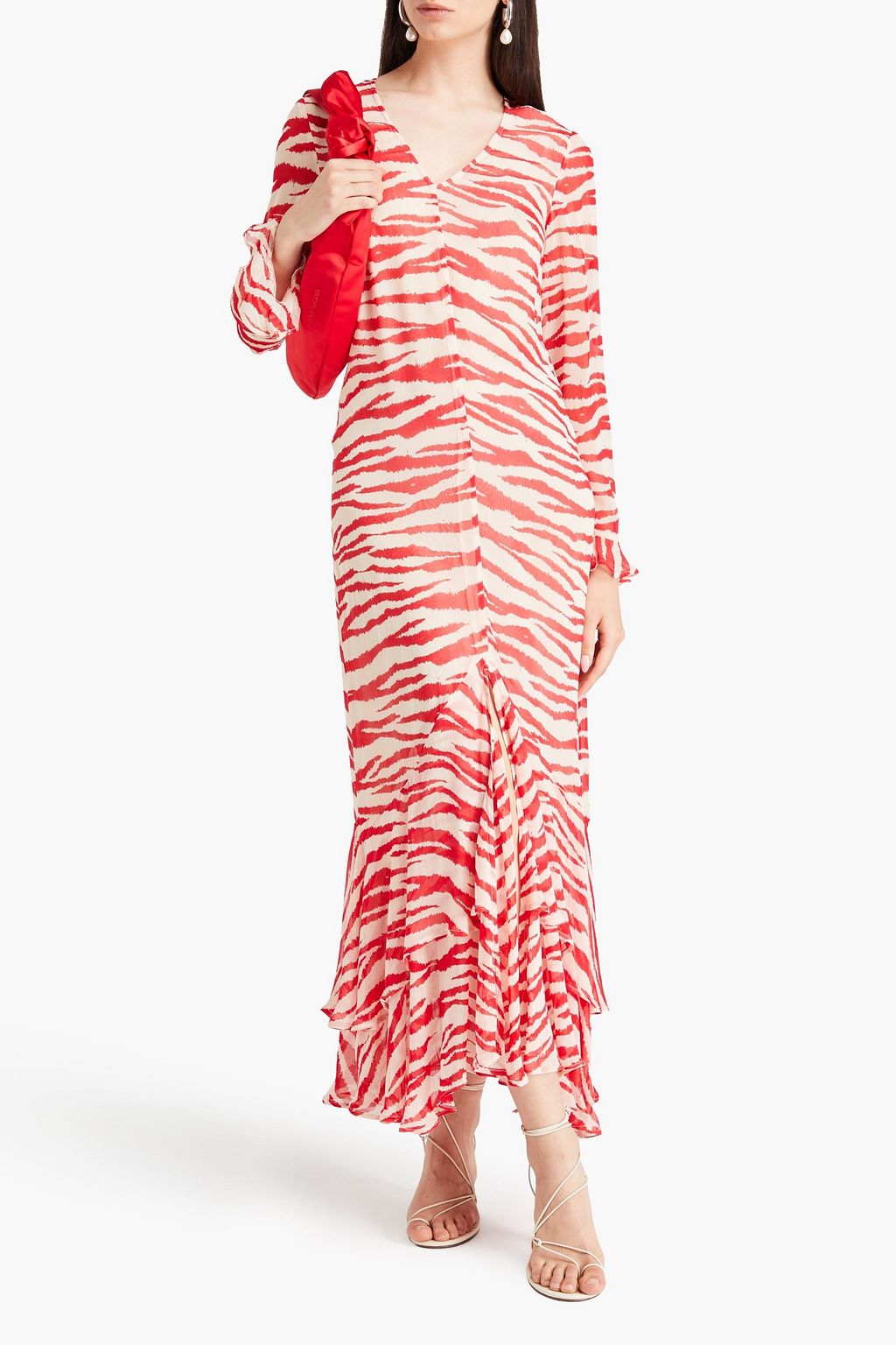 GANNI Maxikleid aus Georgette mit Tigerprint und Rüschen
