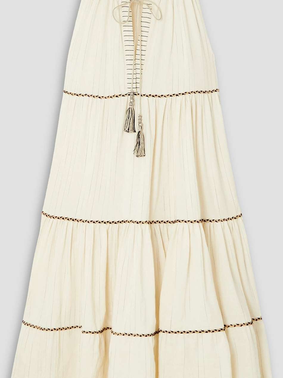 arwan tiered pinstriped cotton and linen-blend midi dress