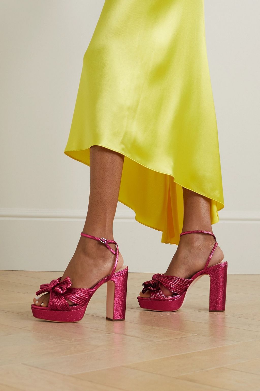 LOEFFLER RANDALL Natalia bow-embellished plissé-lamé platform sandals