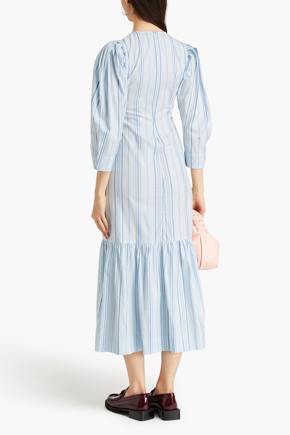 GANNI GATHERED STRIPED COTTON-TWILL MIDI DRESS