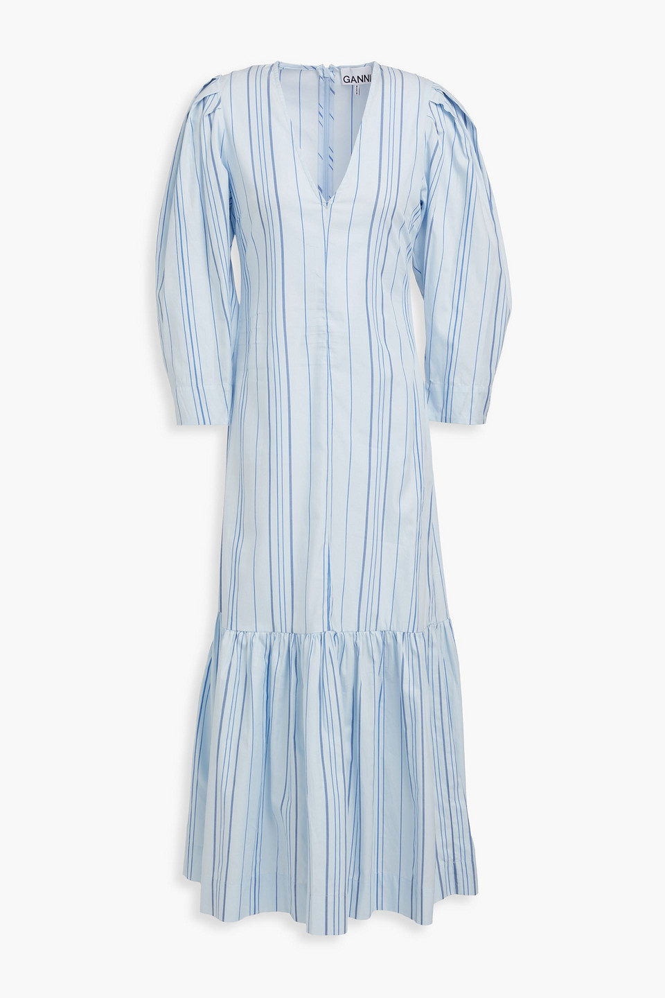 GANNI GATHERED STRIPED COTTON-TWILL MIDI DRESS