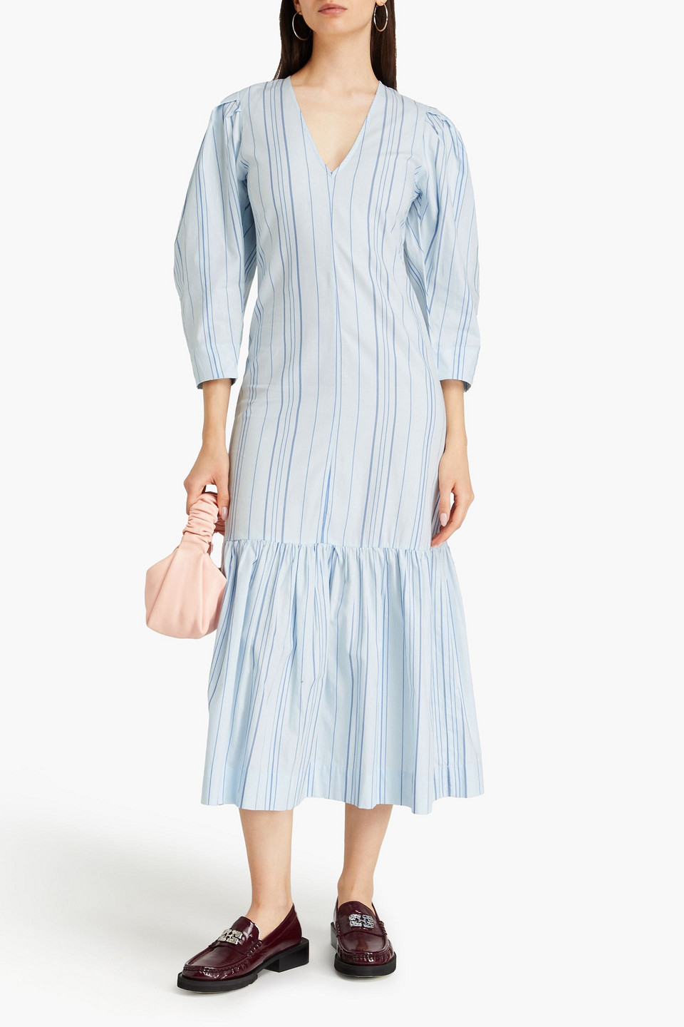 GANNI GATHERED STRIPED COTTON-TWILL MIDI DRESS