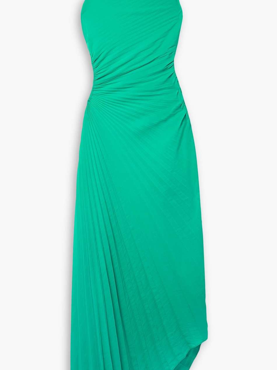 delfina asymmetric one-shoulder cutout plissé-chiffon midi dress
