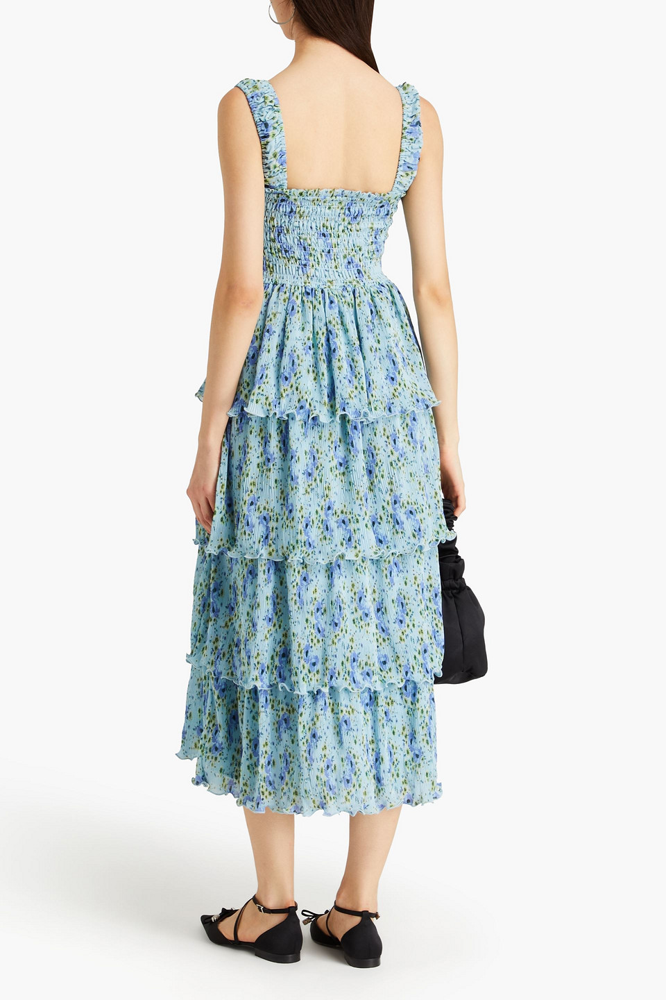 Ganni Floral-print Plisse-chiffon Midi Dress In Light Blue