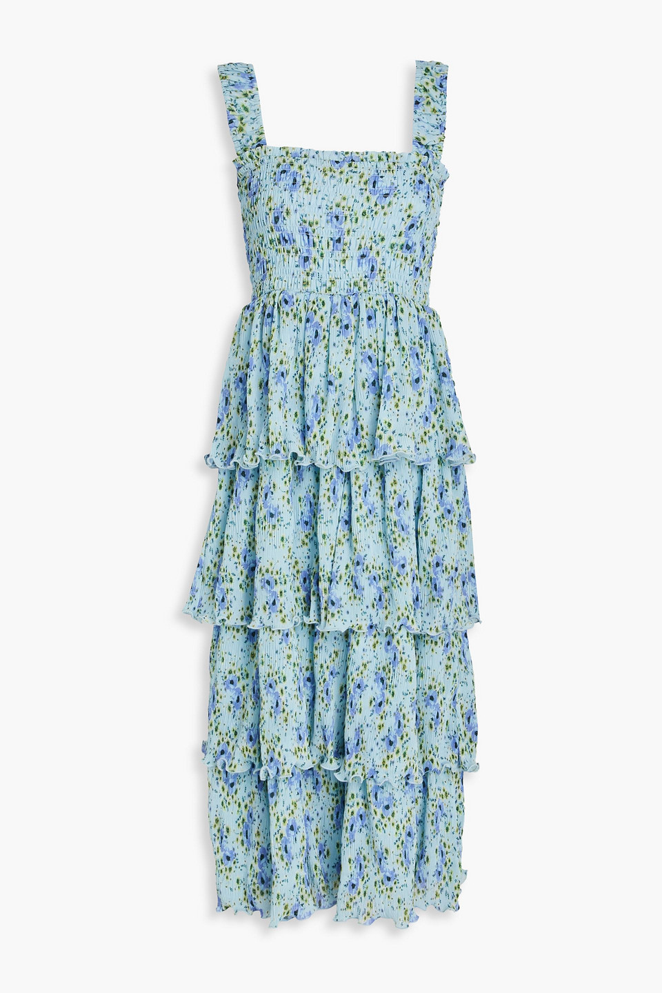 Ganni Floral-print Plisse-chiffon Midi Dress In Blue