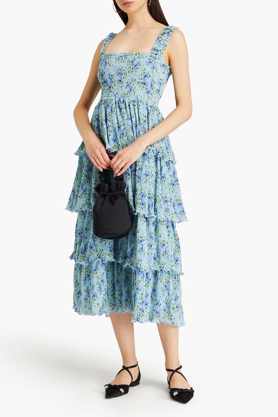 Ganni Floral-print Plisse-chiffon Midi Dress In Light Blue
