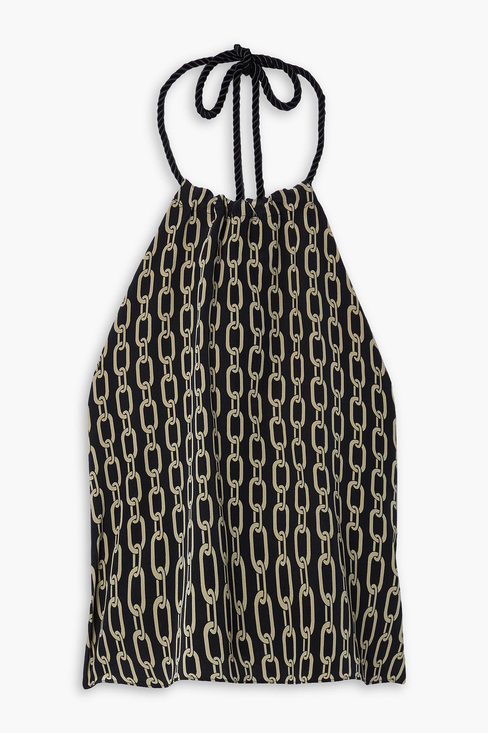 Nili Lotan Anais Cropped Tasseled Printed Silk Halterneck Top In Black