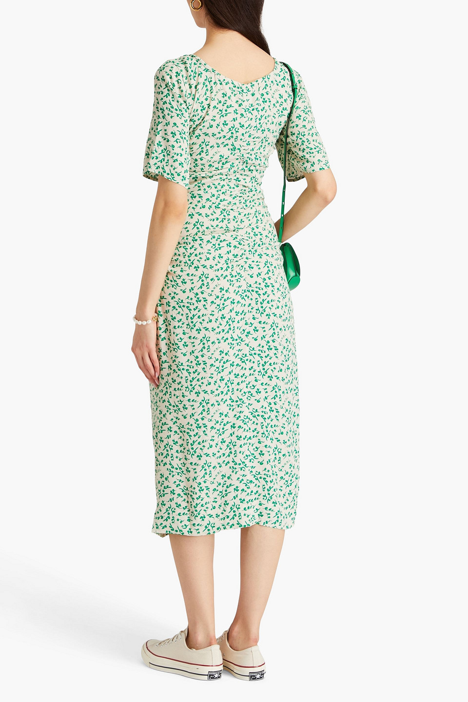 GANNI RUCHED PRINTED CREPE MIDI DRESS