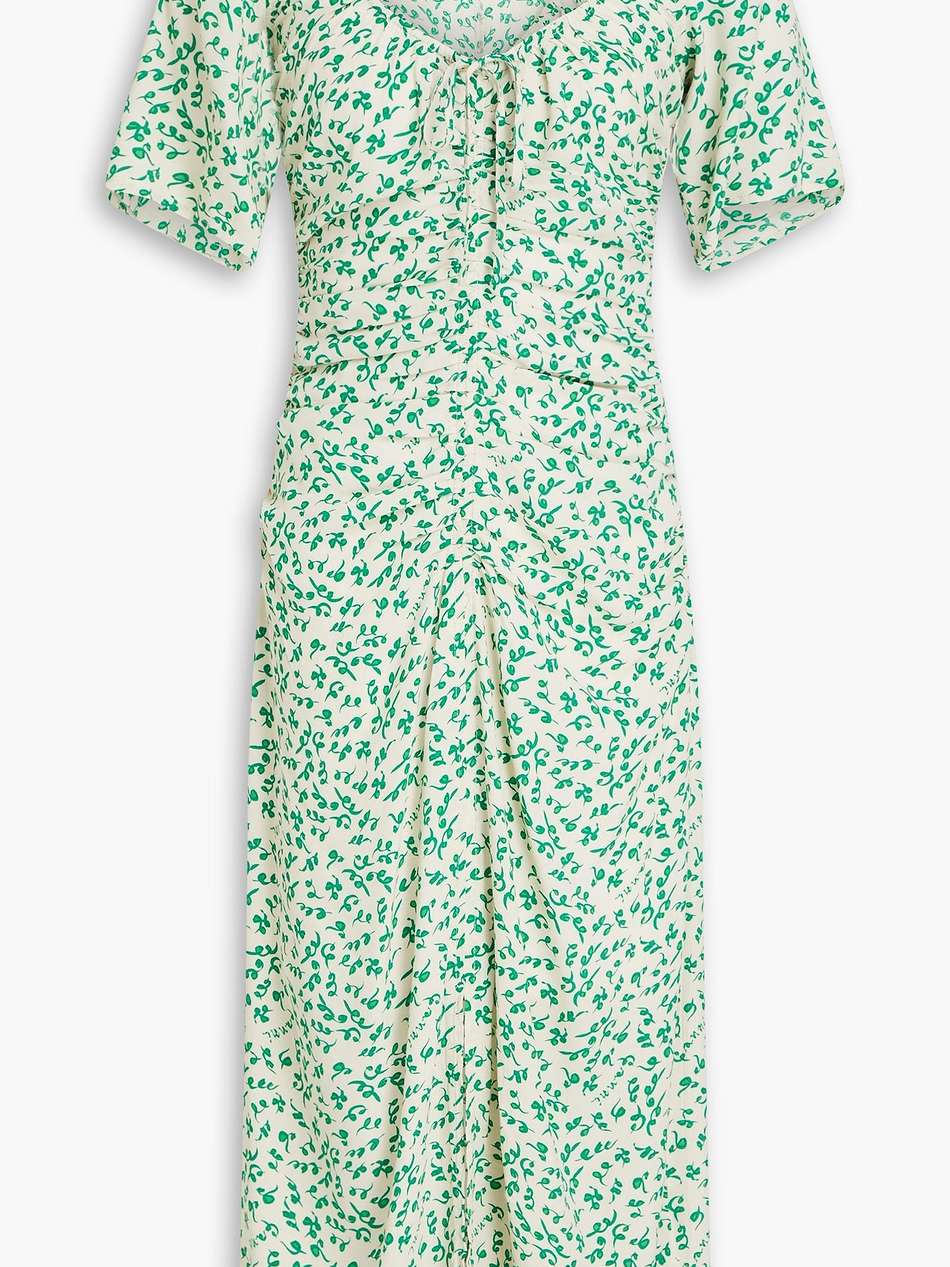 ruched printed crepe midi dress