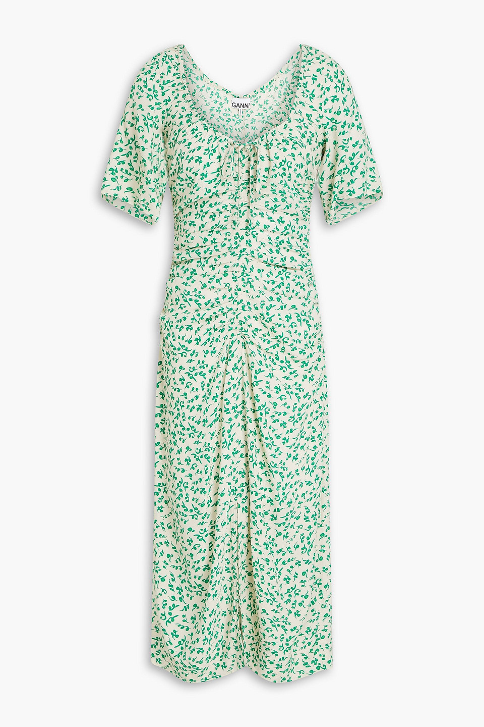 GANNI RUCHED PRINTED CREPE MIDI DRESS