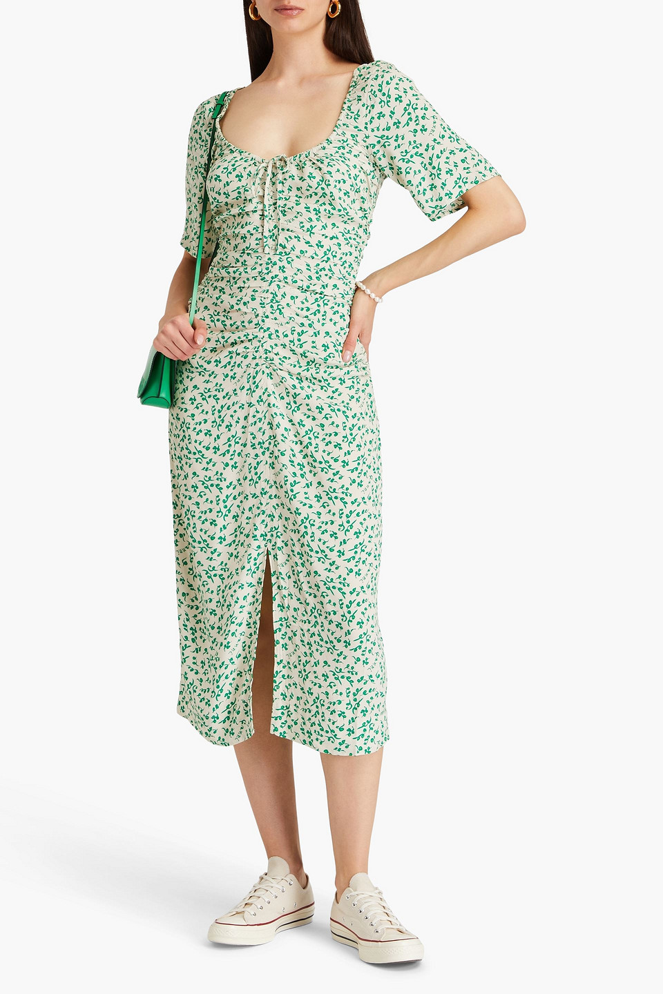 GANNI RUCHED PRINTED CREPE MIDI DRESS