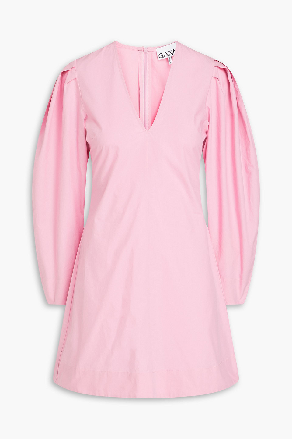 Ganni Long Sleeve Pink Cotton Poplin V-neck Mini Dress