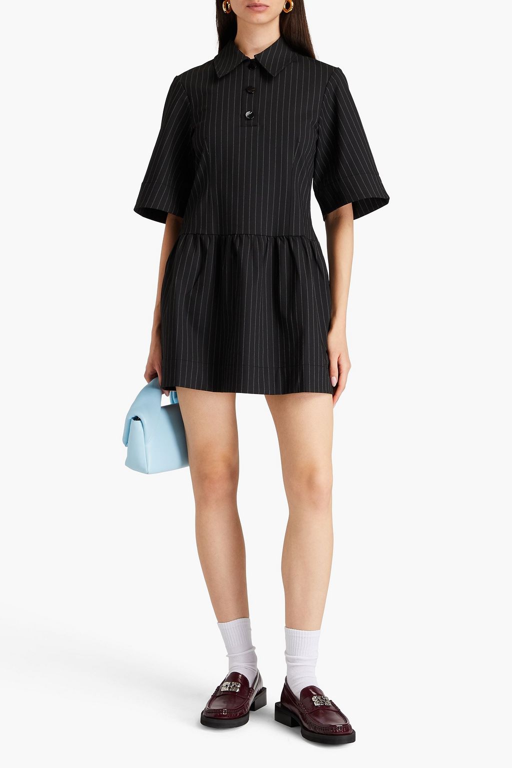 GANNI Pinstriped twill mini shirt dress