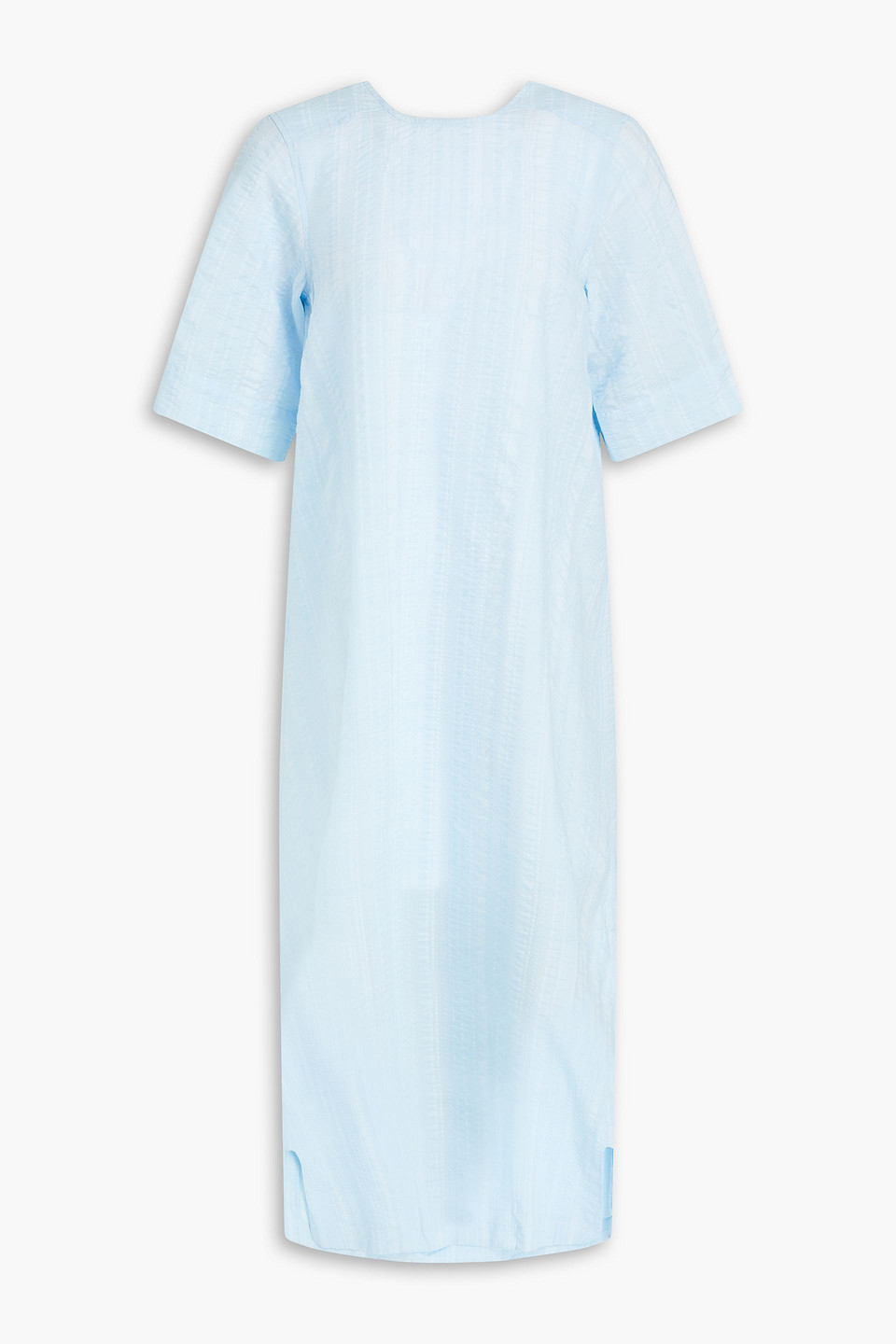 Ganni Striped Seersucker Midi Dress In Light Blue