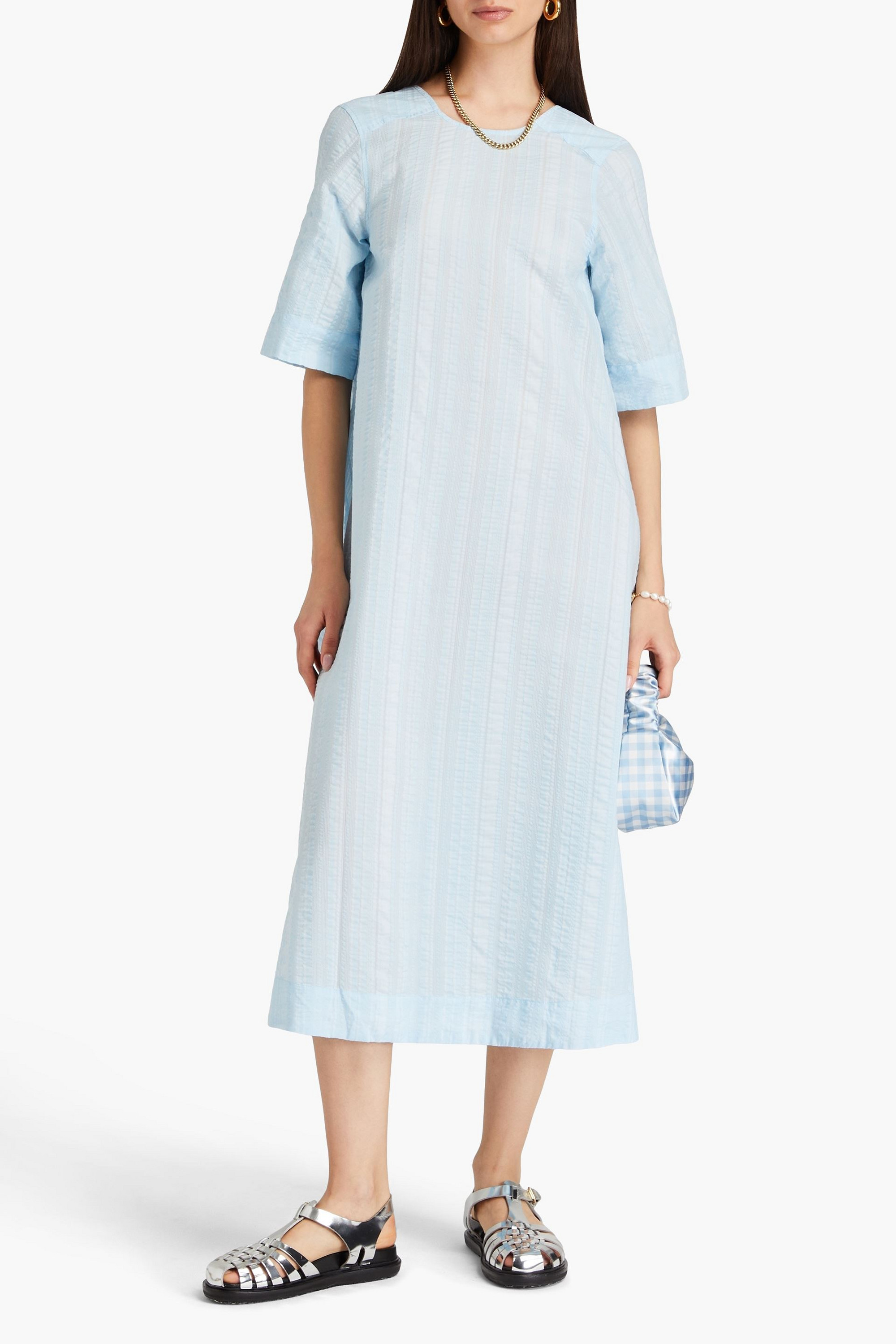 GANNI Striped seersucker midi dress