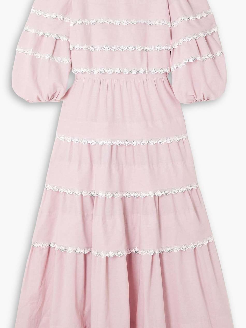 mimi lace-trimmed tiered cotton-chambray midi dress