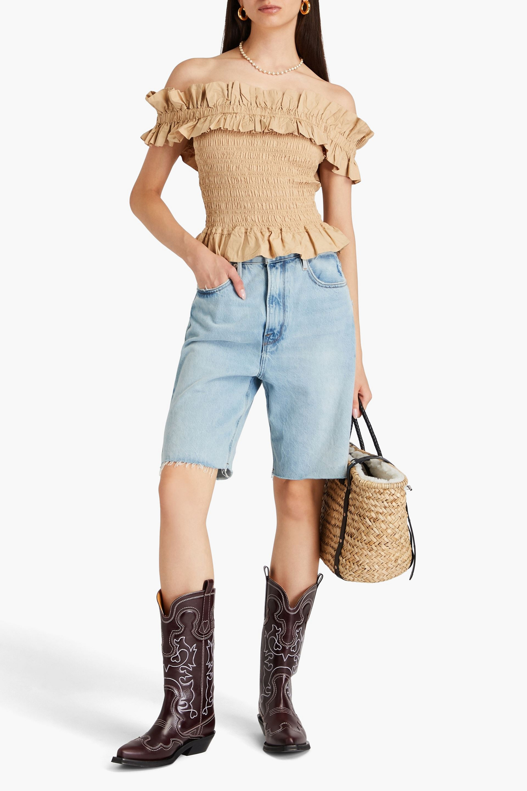 GANNI Off-the-shoulder ruffled cotton top