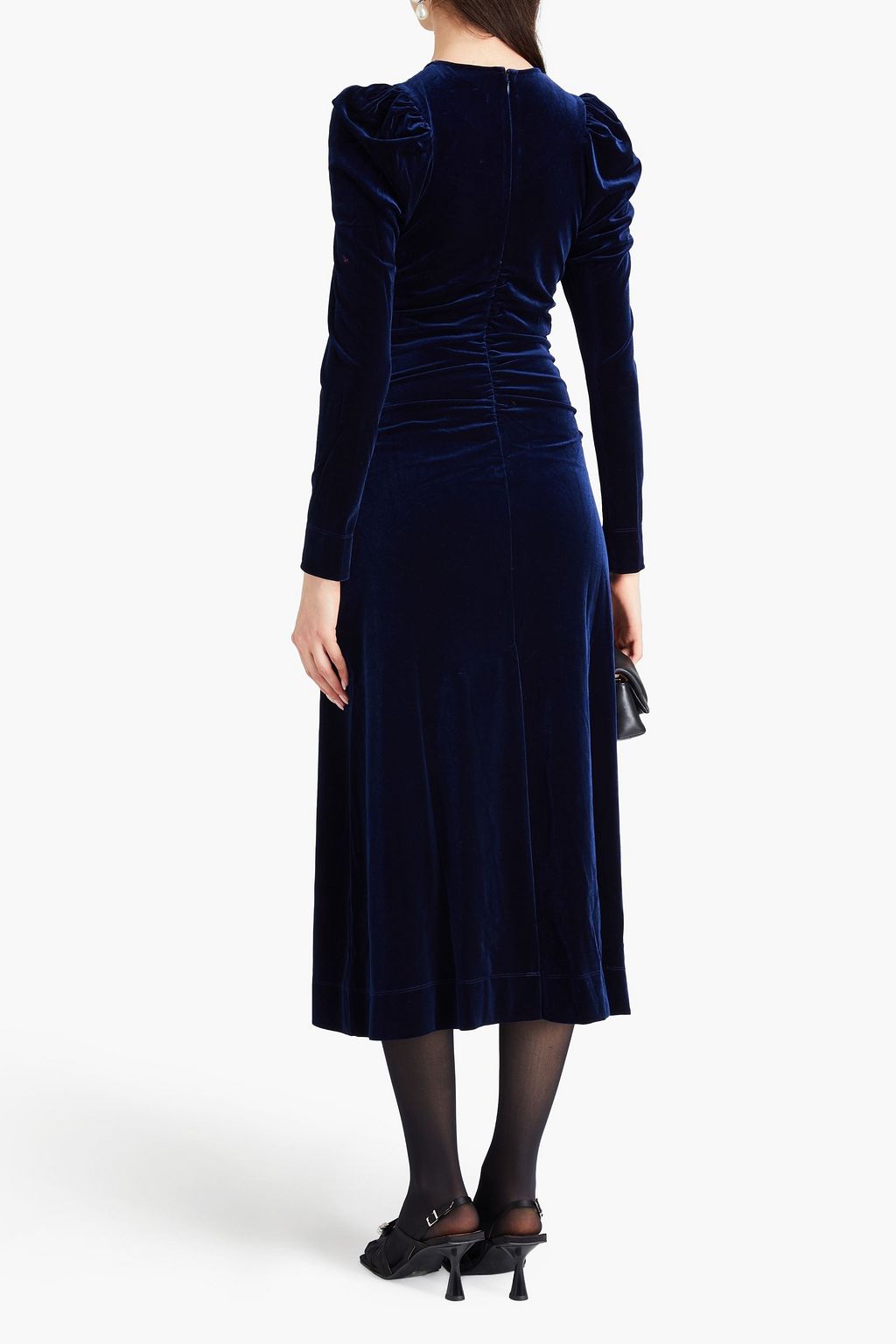 GANNI Ruched velvet midi dress