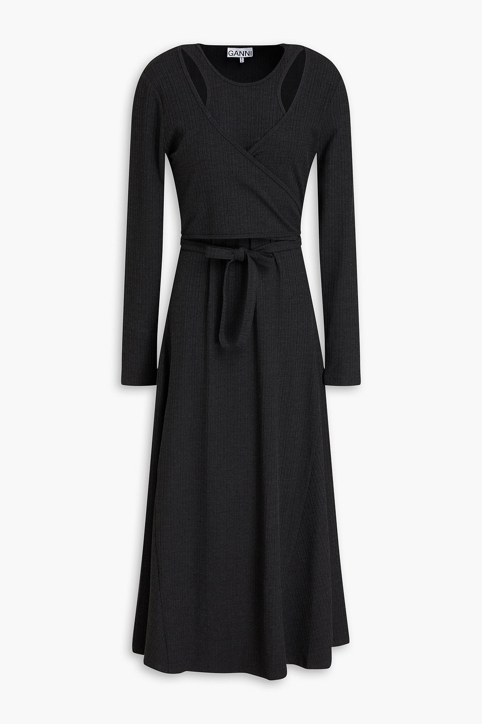 Ganni Cutout Wrap-effect Ribbed-knit Midi Dress In Dark Gray