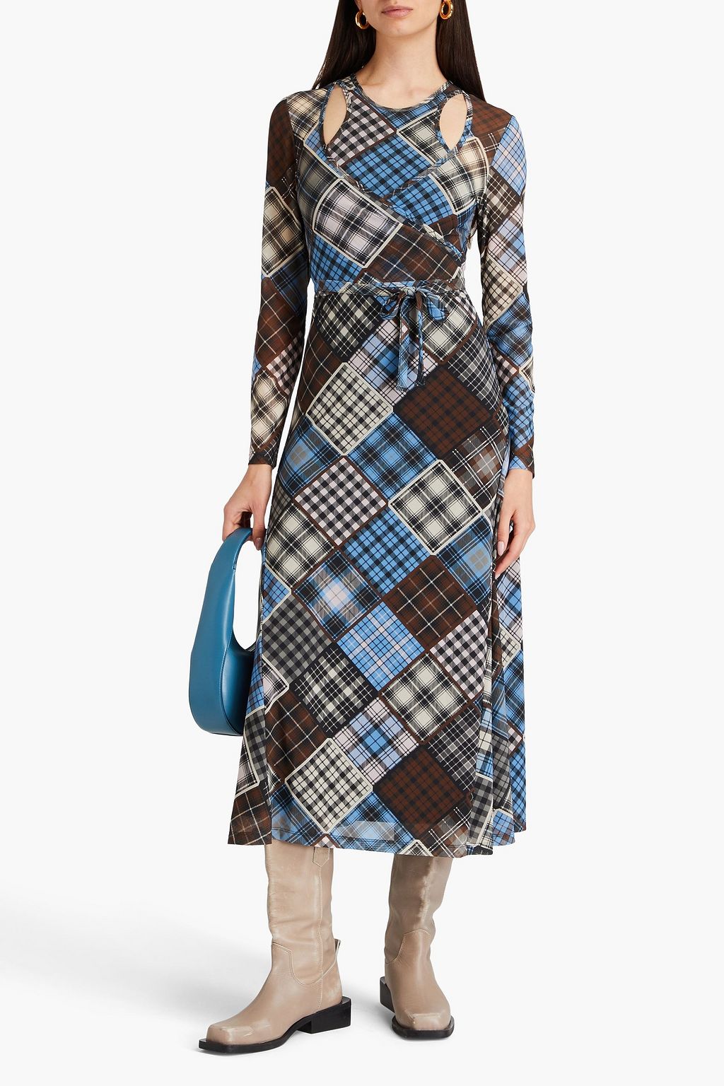 GANNI Patchwork-effect stretch-mesh midi dress