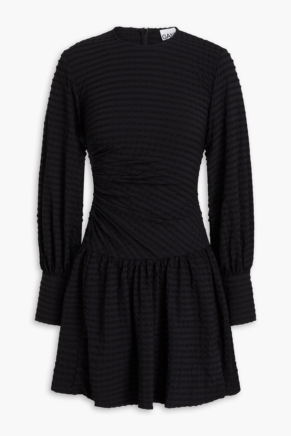 Ganni Ruched Stretch-seersucker Mini Dress In Black