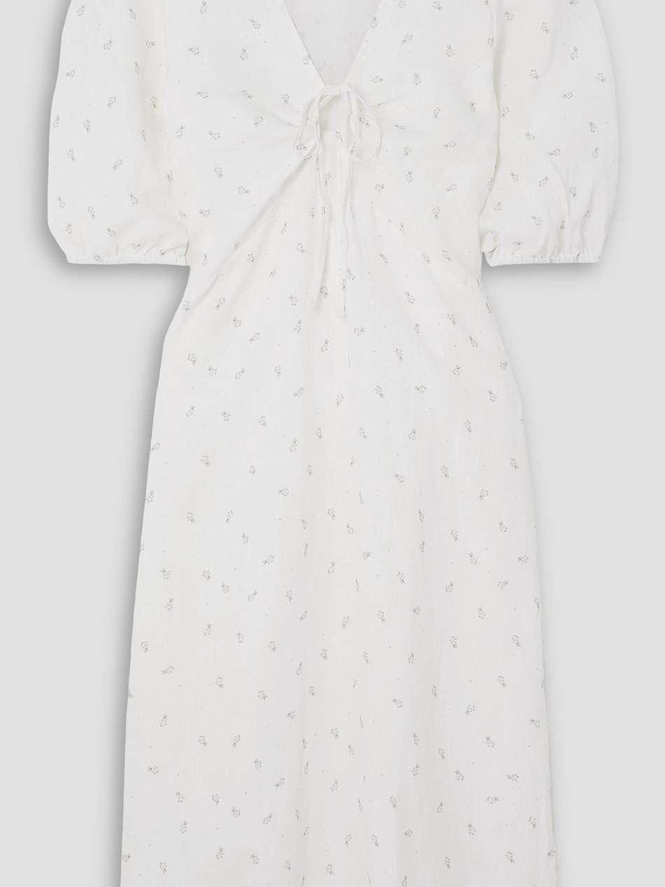 away tie-detailed printed linen midi dress