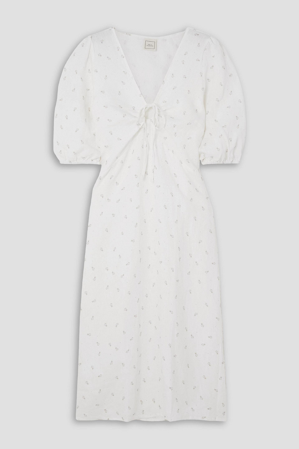 Deiji Studios Away Tie-detailed Printed Linen Midi Dress In Ivory