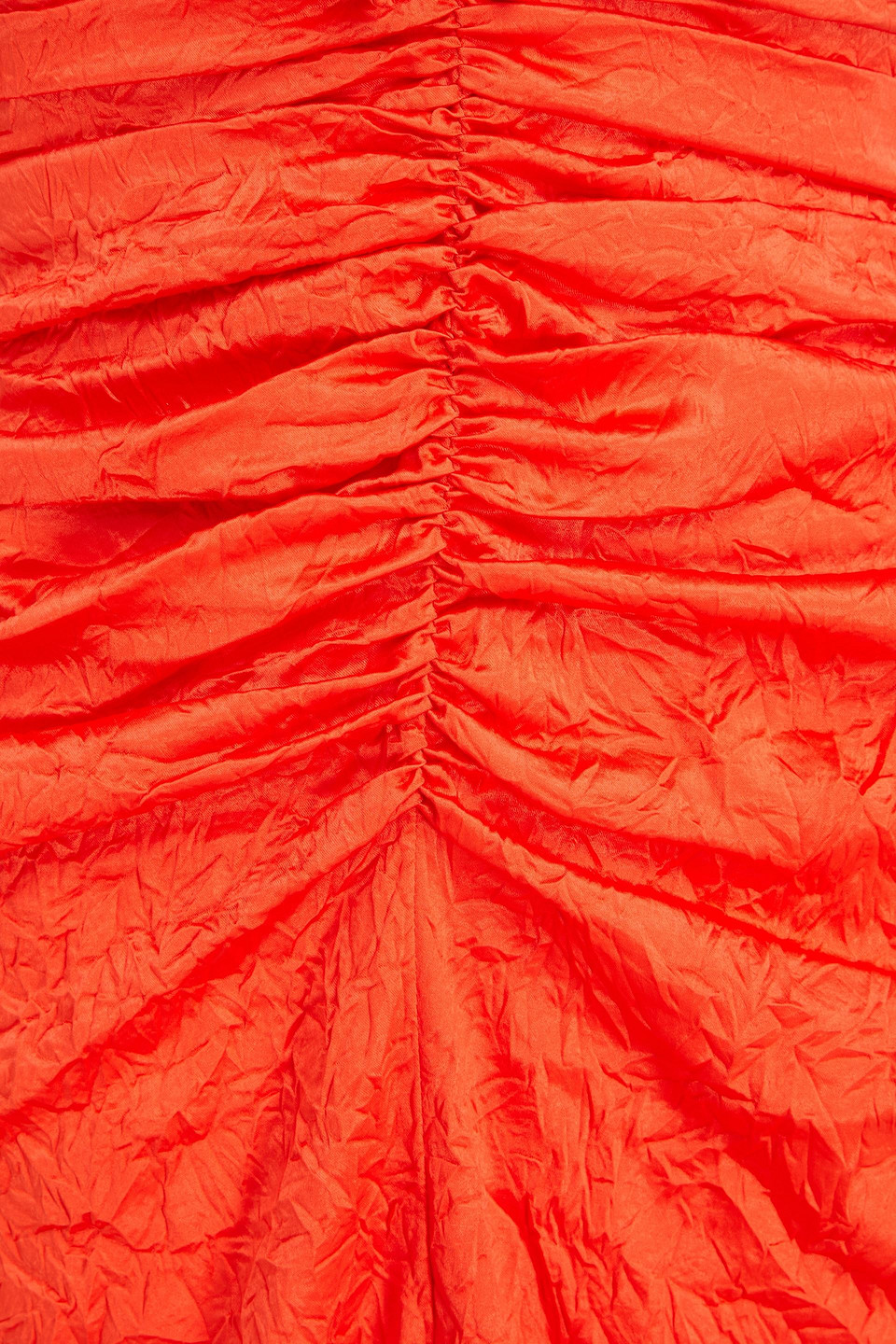 Ganni Ruched Stretch-satin Midi Dress In Tomato Red