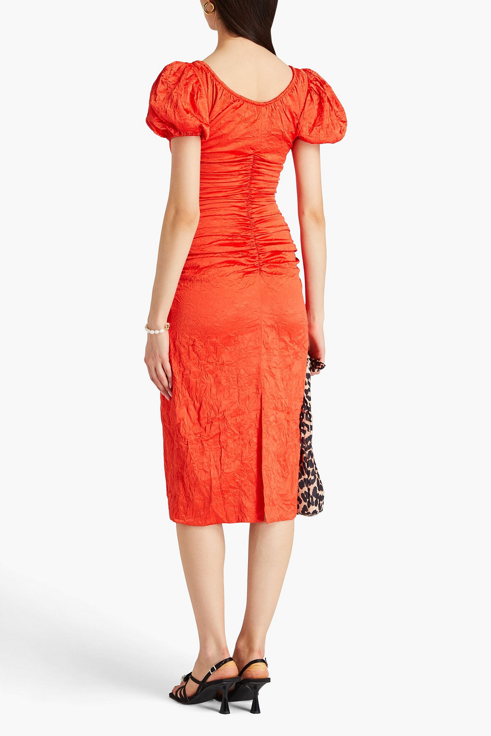 Ganni Ruched Stretch-satin Midi Dress In Tomato Red