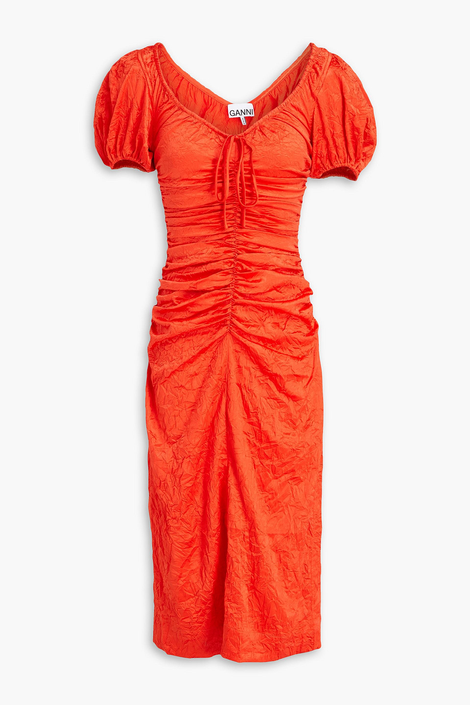 Ganni Ruched Stretch-satin Midi Dress In Red