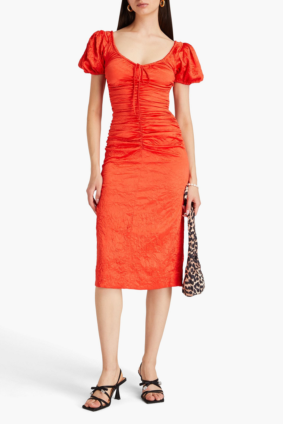 Ganni Ruched Stretch-satin Midi Dress In Tomato Red