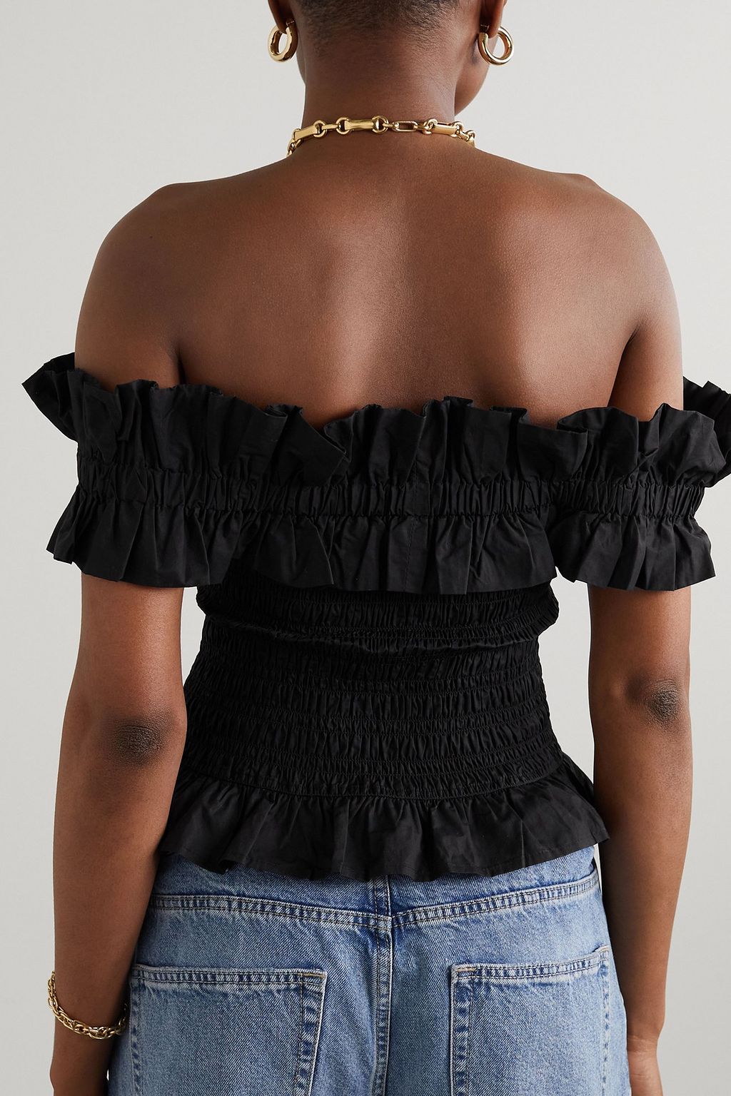 GANNI Off-the-shoulder shirred cotton-poplin top