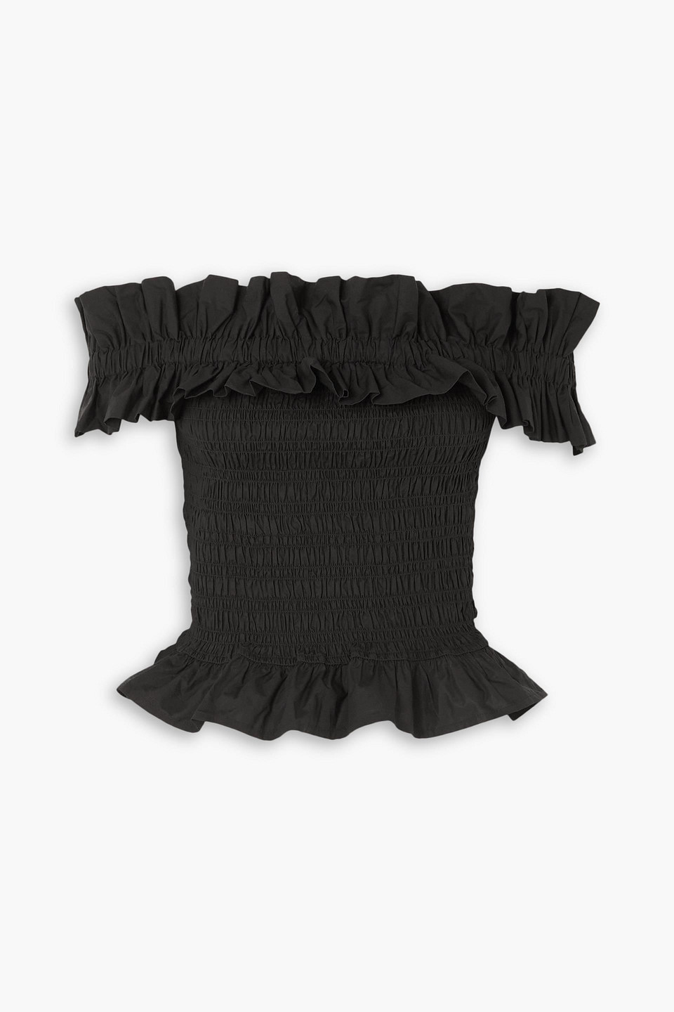 Ganni Off-the-shoulder Shirred Cotton-poplin Top In Black