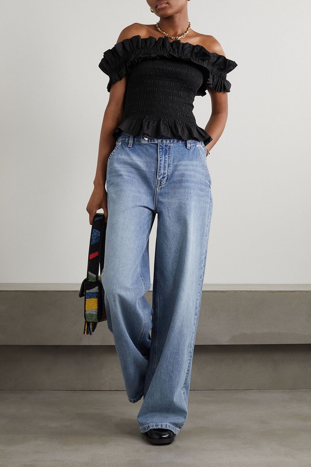 GANNI Off-the-shoulder shirred cotton-poplin top