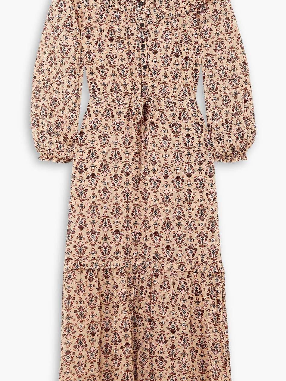 isla printed ruffled crepe maxi shirt dress