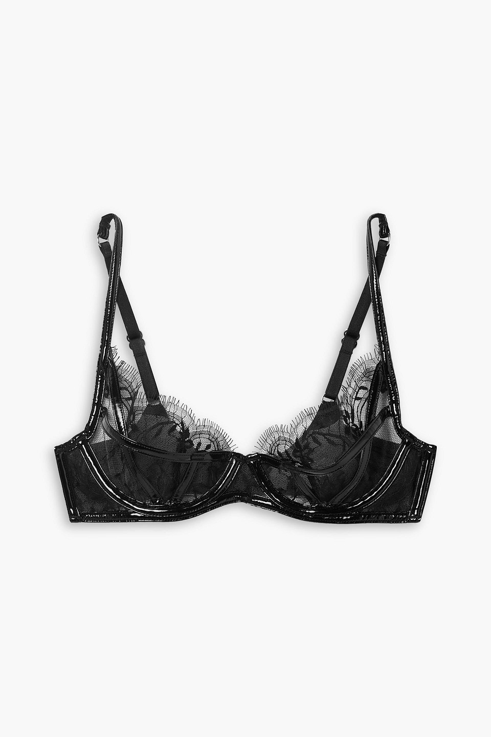 agent provocateur - alyss pvc-trimmed leavers lace underwired balconette bra - black - 32 c