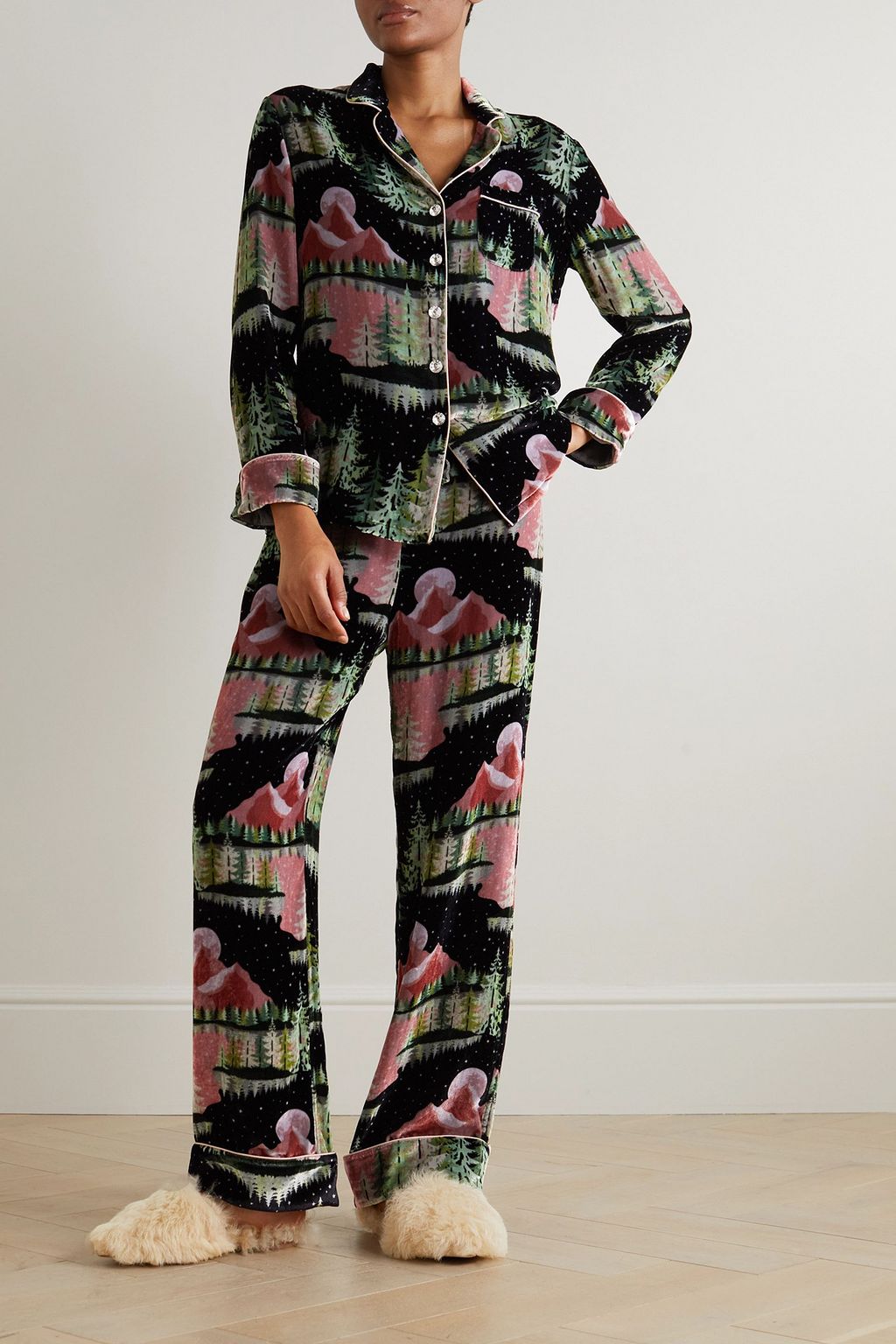 OLIVIA VON HALLE Lila printed silk satin-trimmed velvet pajama set