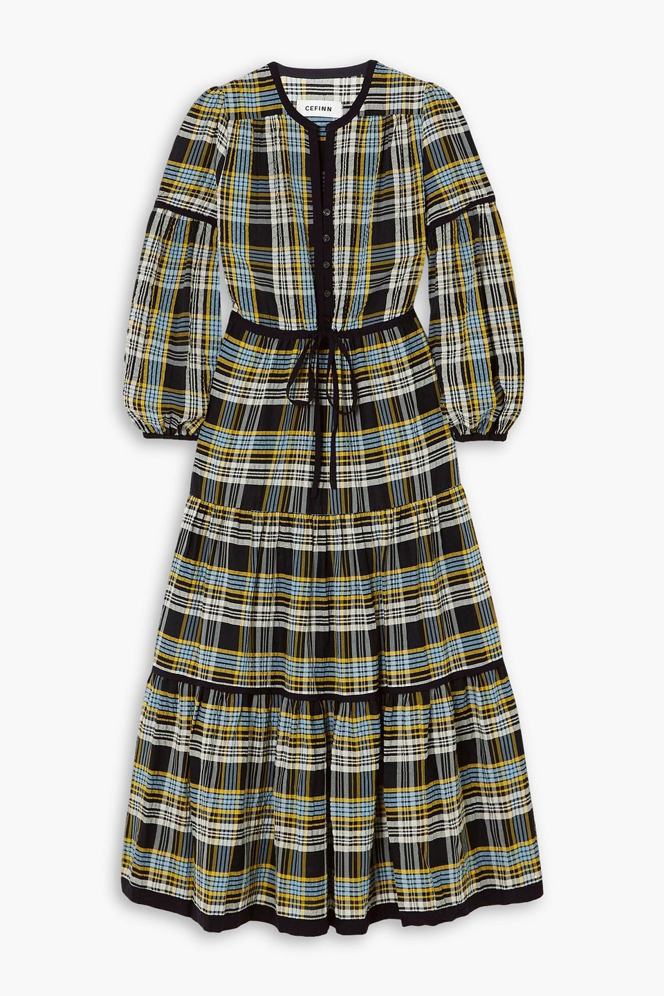 Cefinn Katie Tiered Checked Cotton-blend Seersucker Midi Dress In Navy