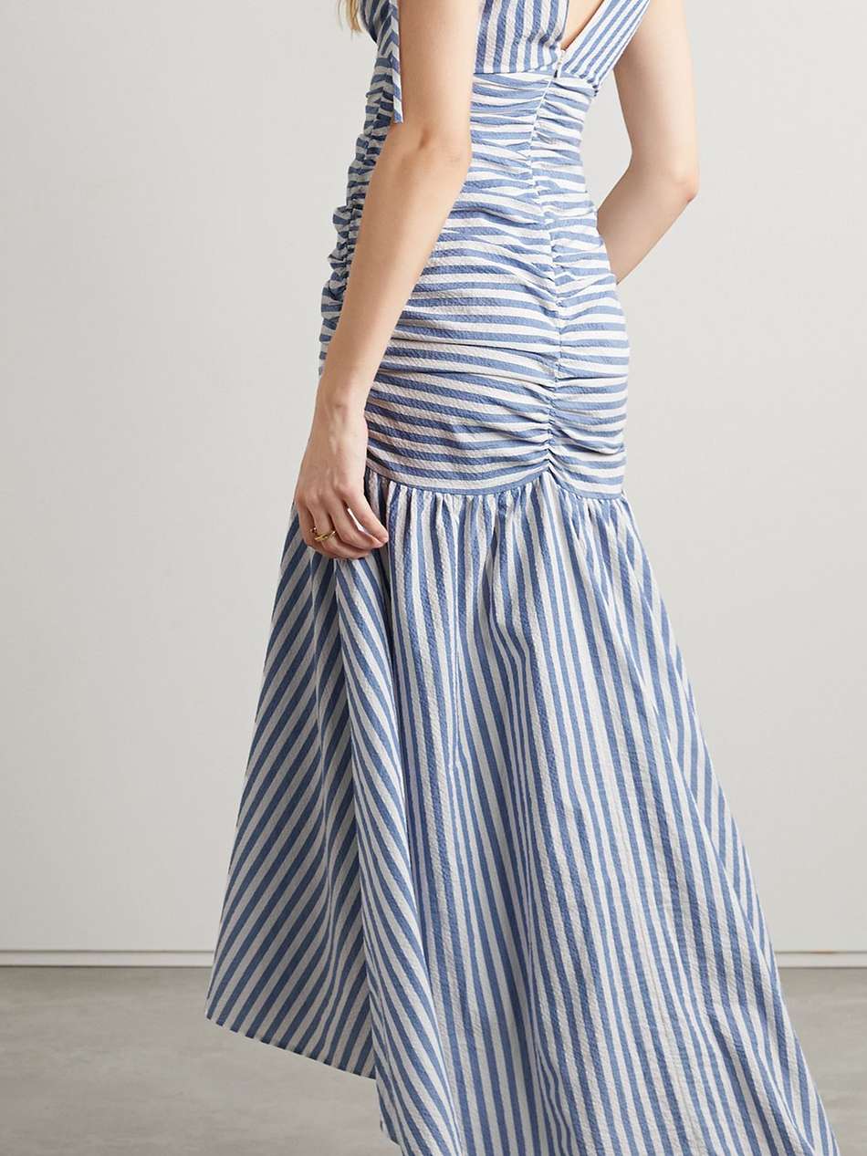 perrin ruched striped cotton-blend cloqué maxi dress