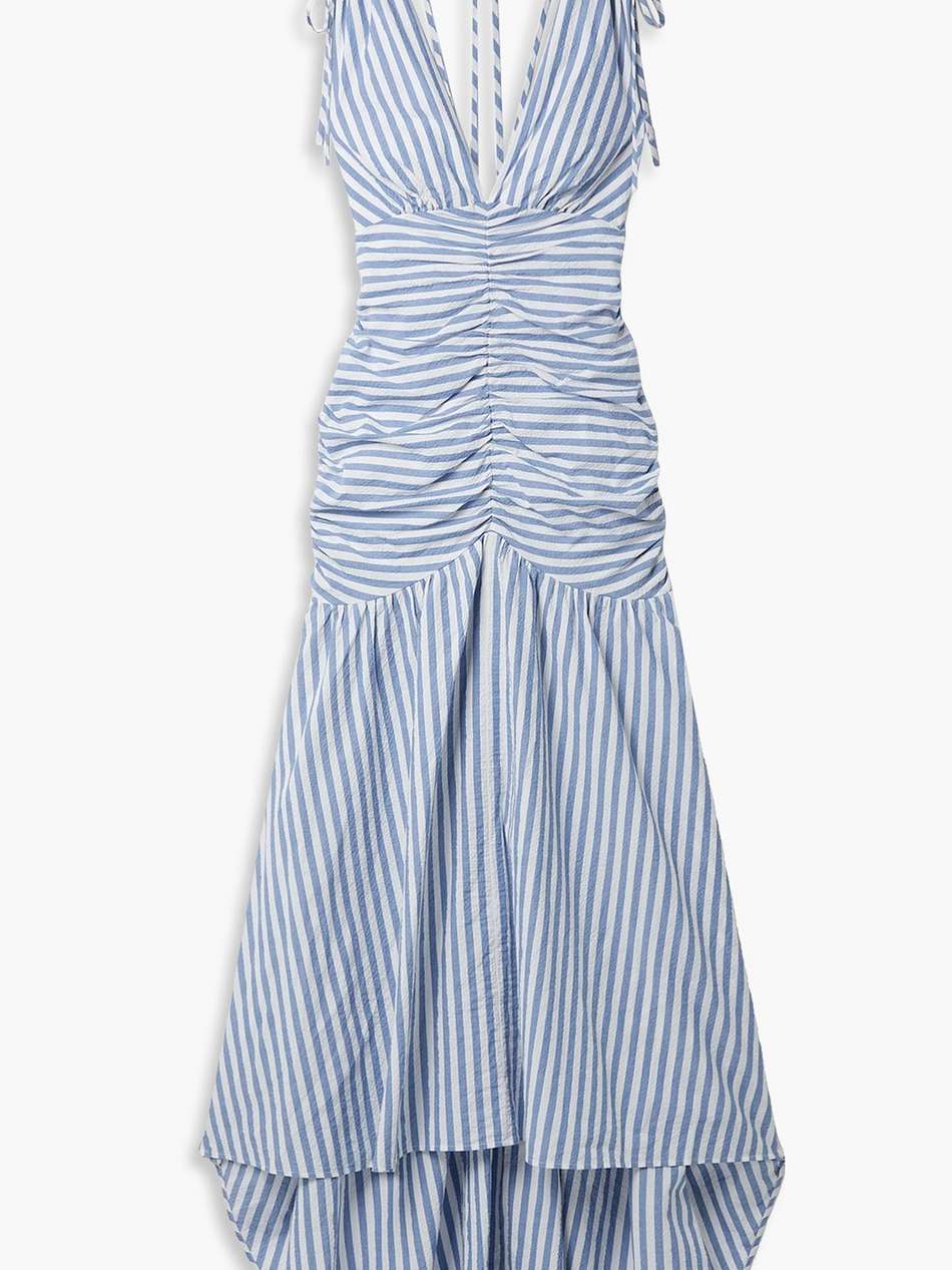 perrin ruched striped cotton-blend cloqué maxi dress