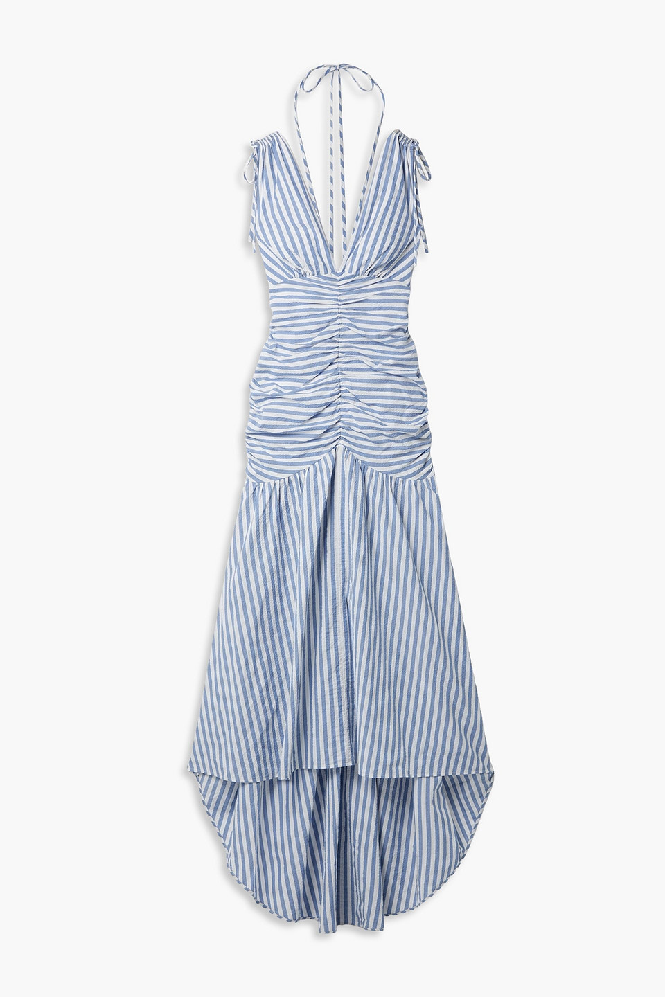 Veronica Beard Perrin Ruched Striped Cotton-blend Cloqué Maxi Dress In Blue