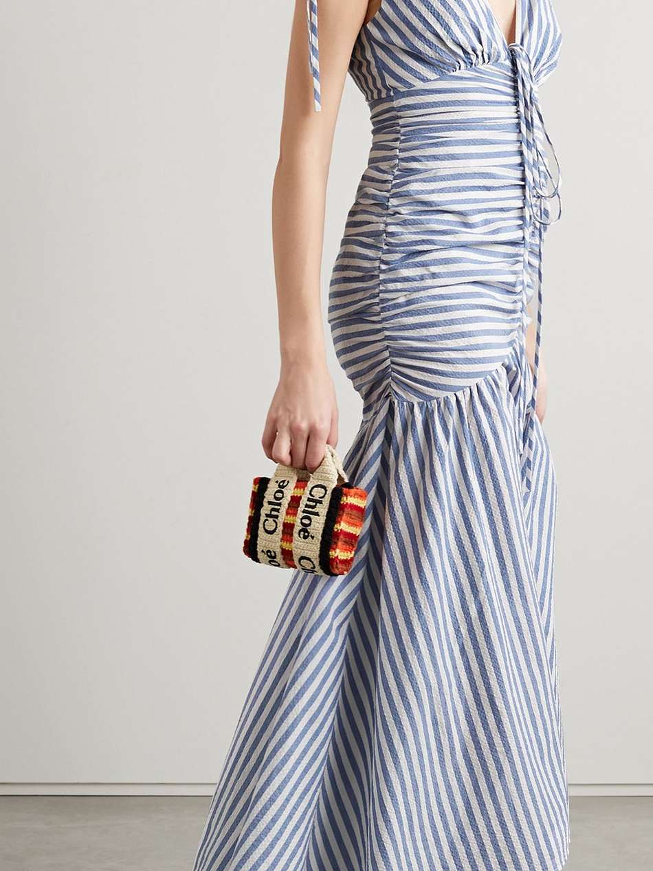 perrin ruched striped cotton-blend cloqué maxi dress